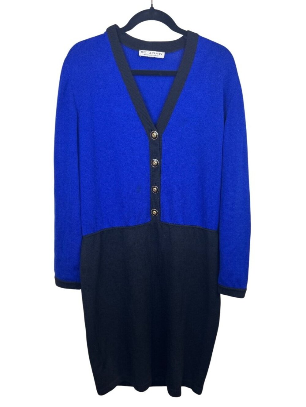 Vtg 80s St. John by Marie Gray Sweater Dress Cardigan Women's XL Blue Black